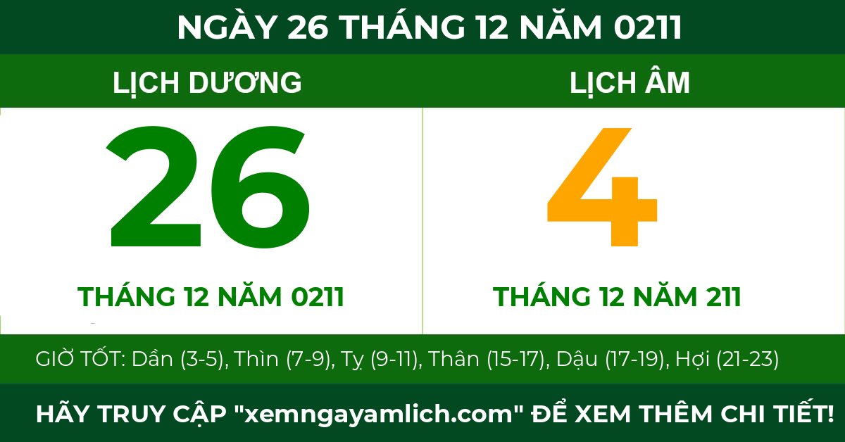 lịch âm ngày 26 tháng 12 năm 0211