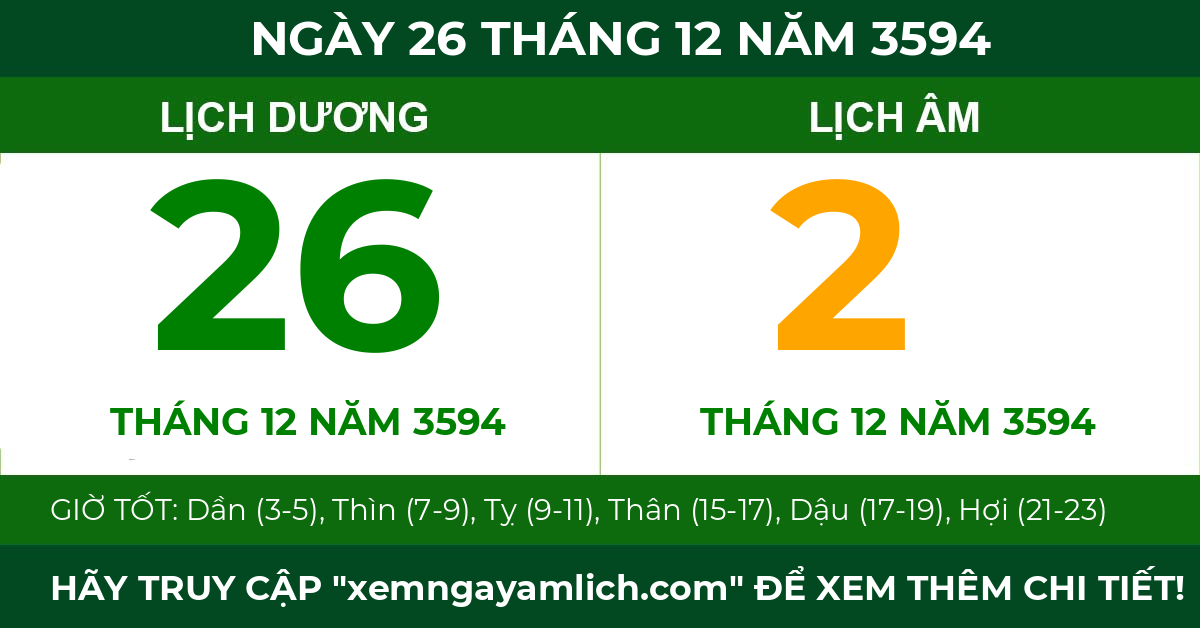 lịch âm ngày 26 tháng 12 năm 3594