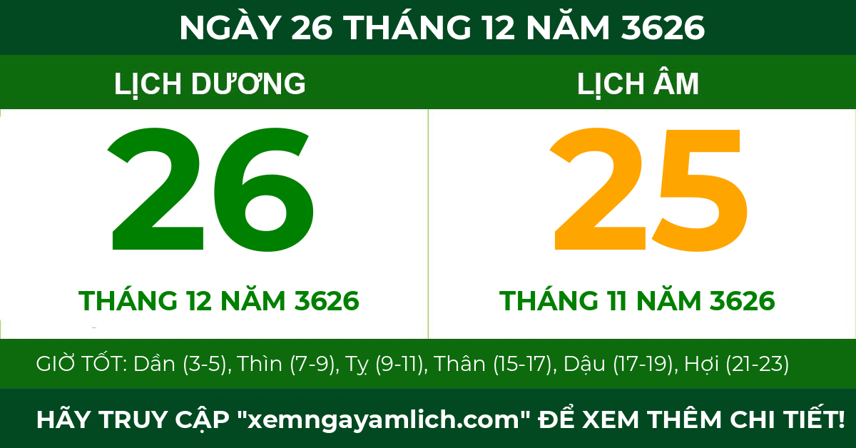 lịch âm ngày 26 tháng 12 năm 3626