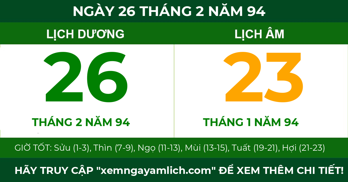 lịch âm ngày 26 tháng 2 năm 94