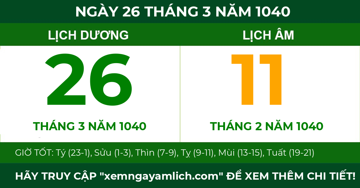 lịch âm ngày 26 tháng 3 năm 1040