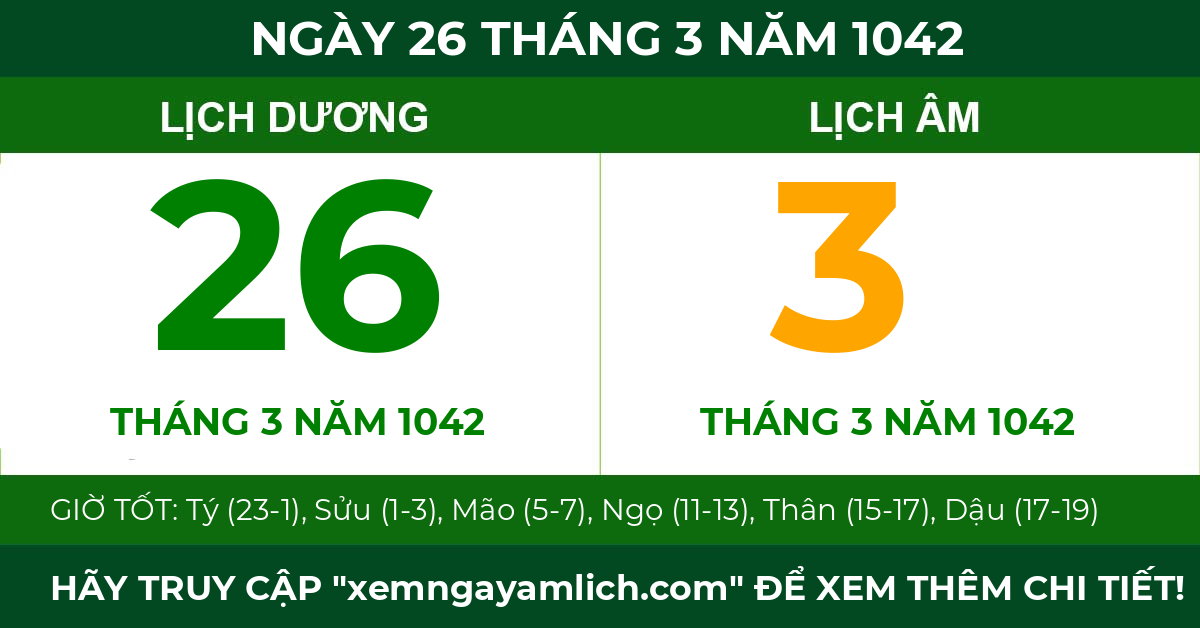 lịch âm ngày 26 tháng 3 năm 1042