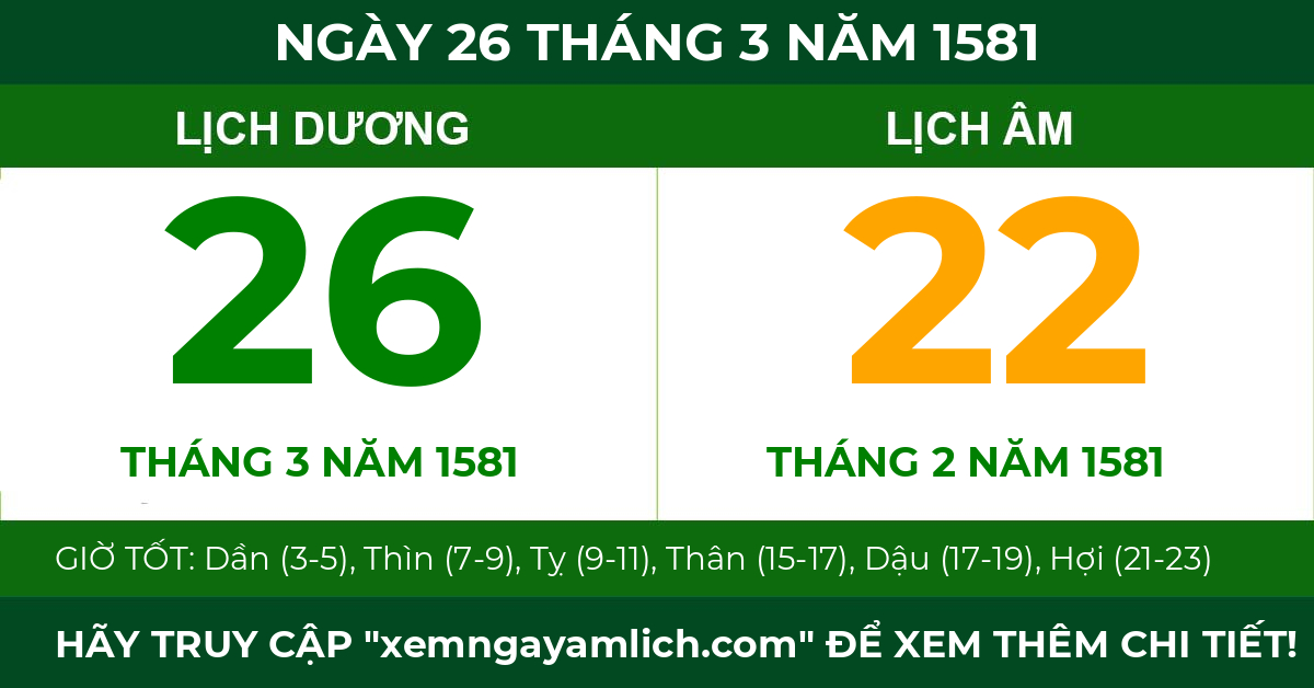 lịch âm ngày 26 tháng 3 năm 1581