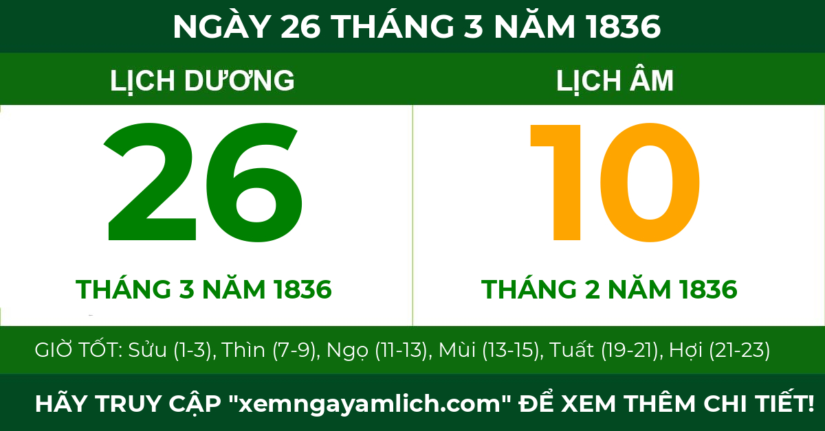 lịch âm ngày 26 tháng 3 năm 1836
