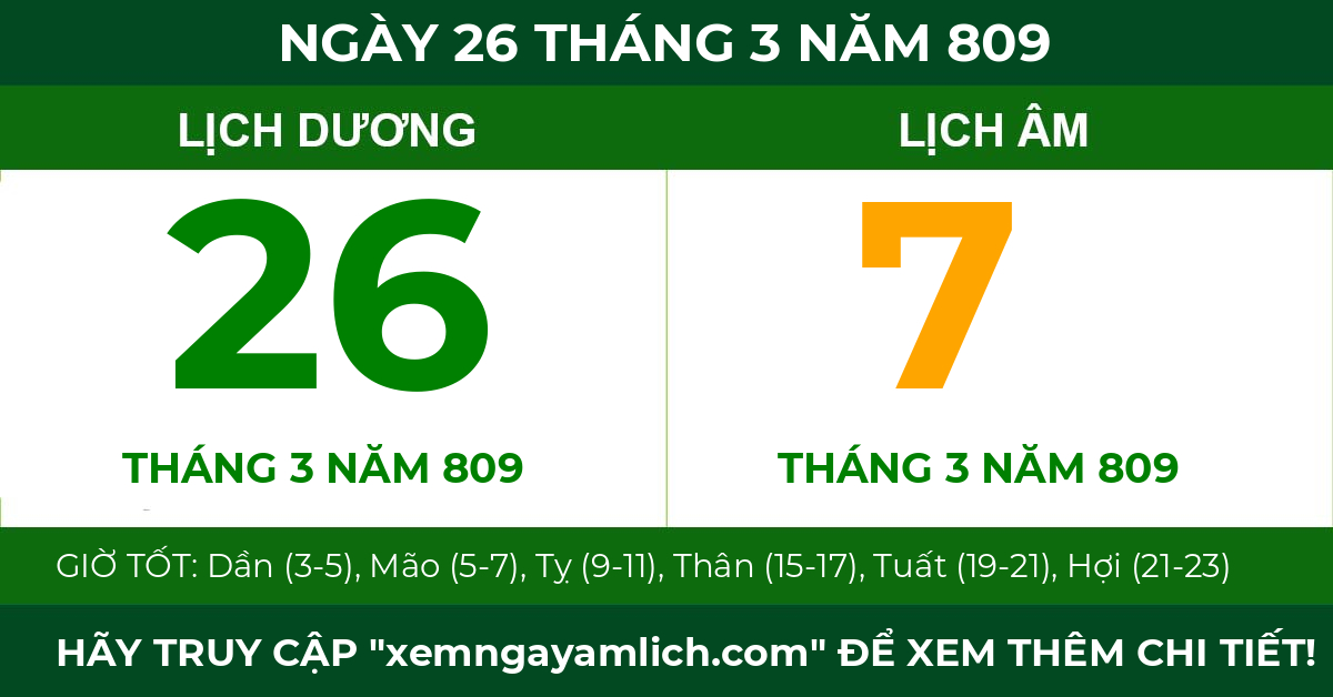 lịch âm ngày 26 tháng 3 năm 809