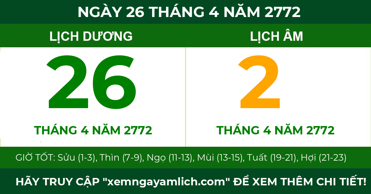 lịch âm ngày 26 tháng 4 năm 2772