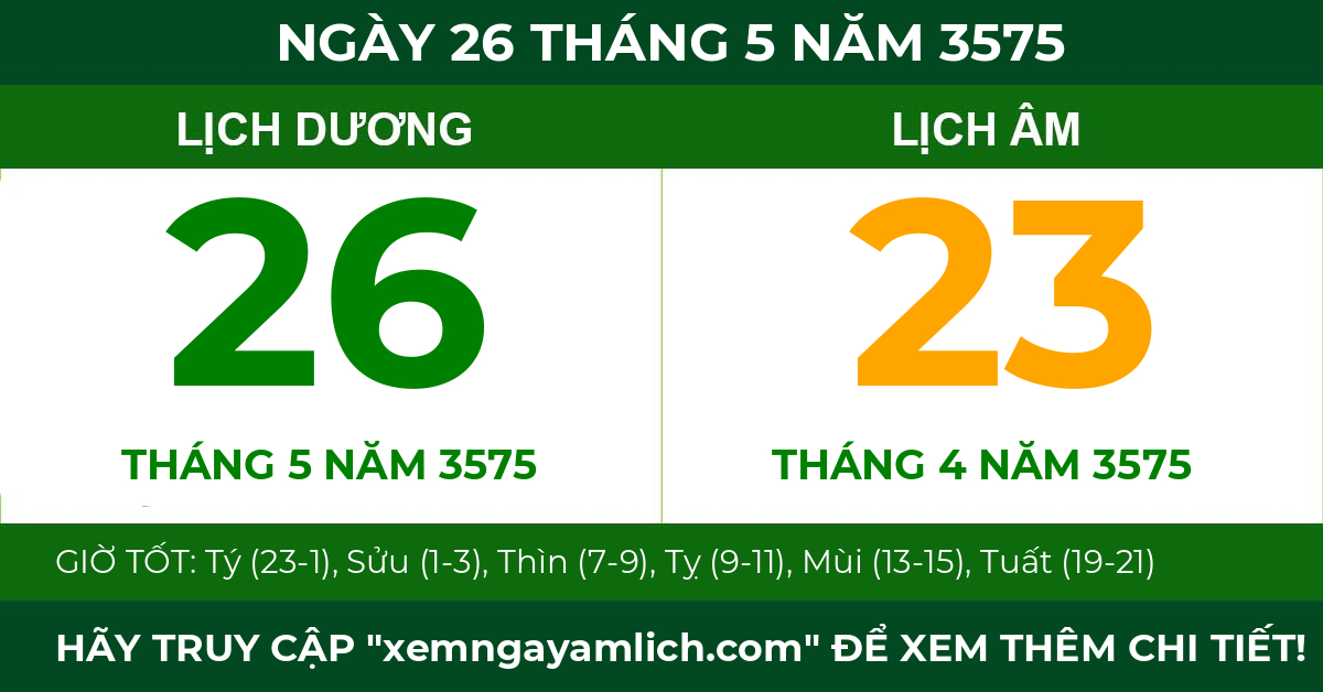lịch âm ngày 26 tháng 5 năm 3575