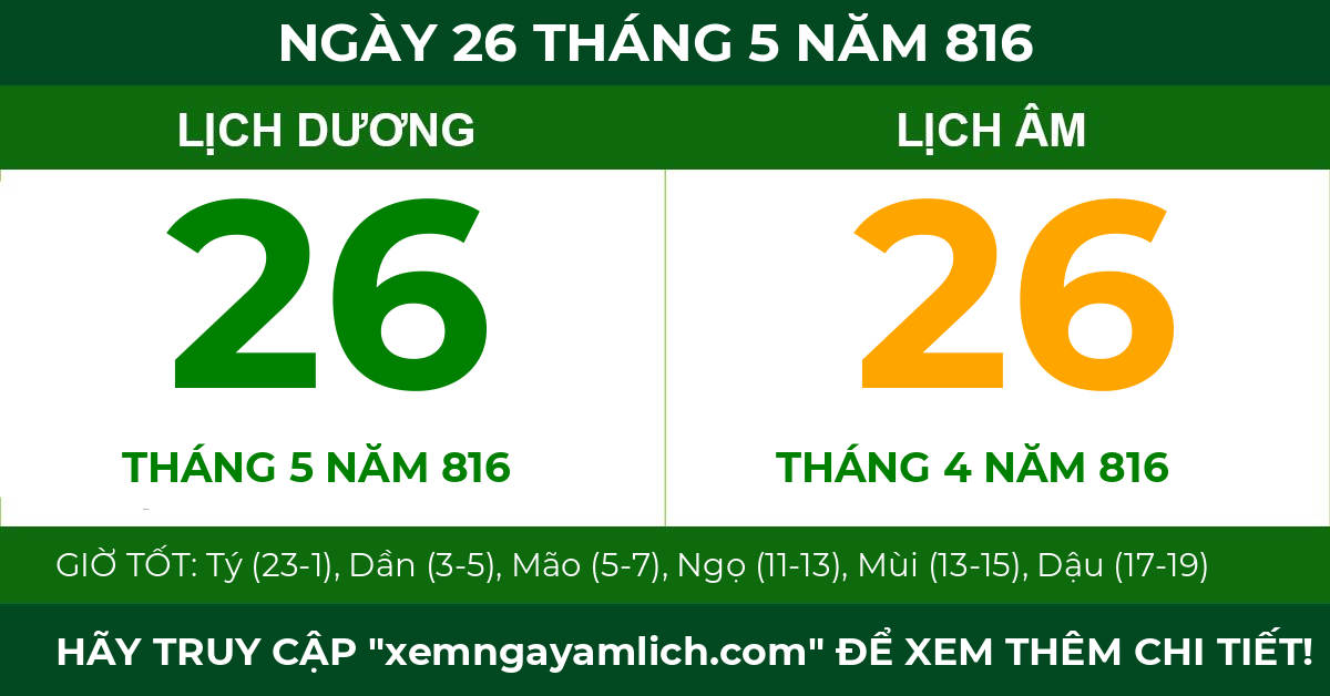 lịch âm ngày 26 tháng 5 năm 816