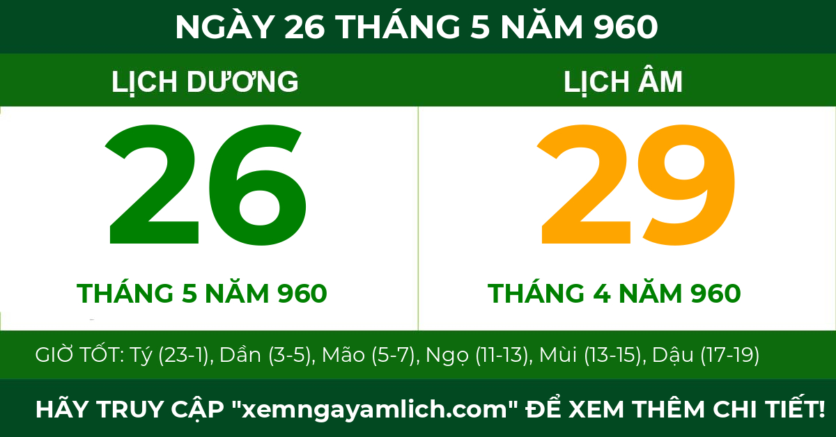 lịch âm ngày 26 tháng 5 năm 960