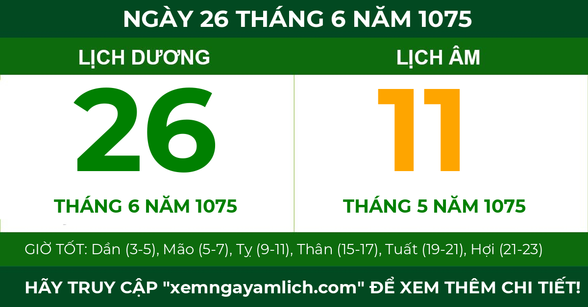 lịch âm ngày 26 tháng 6 năm 1075