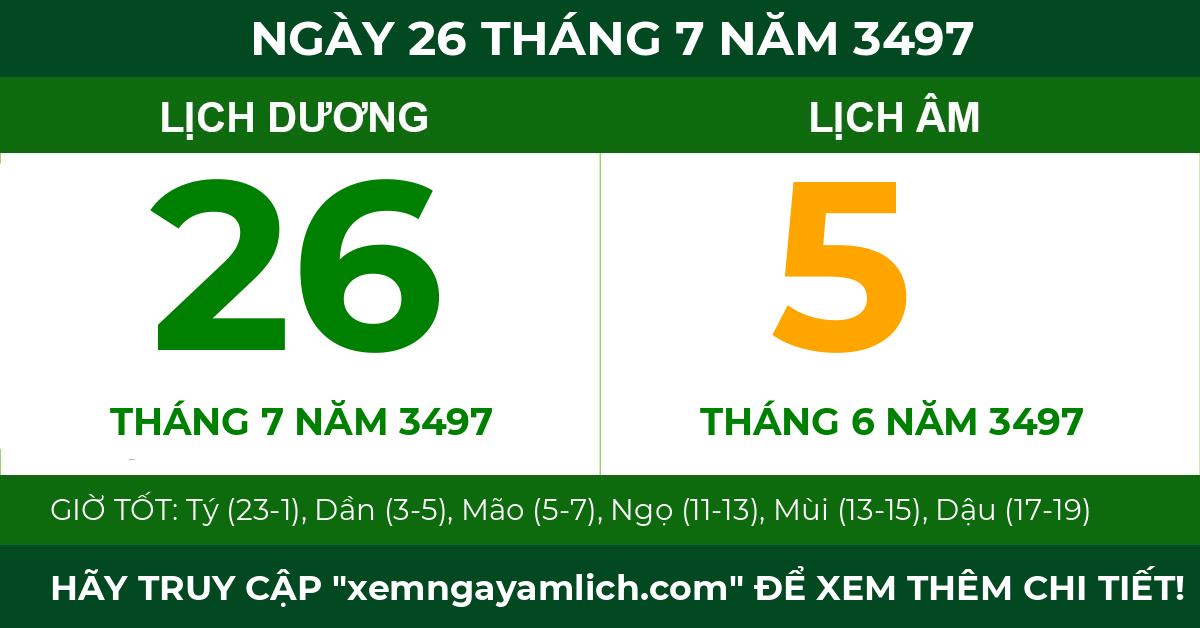 lịch âm ngày 26 tháng 7 năm 3497