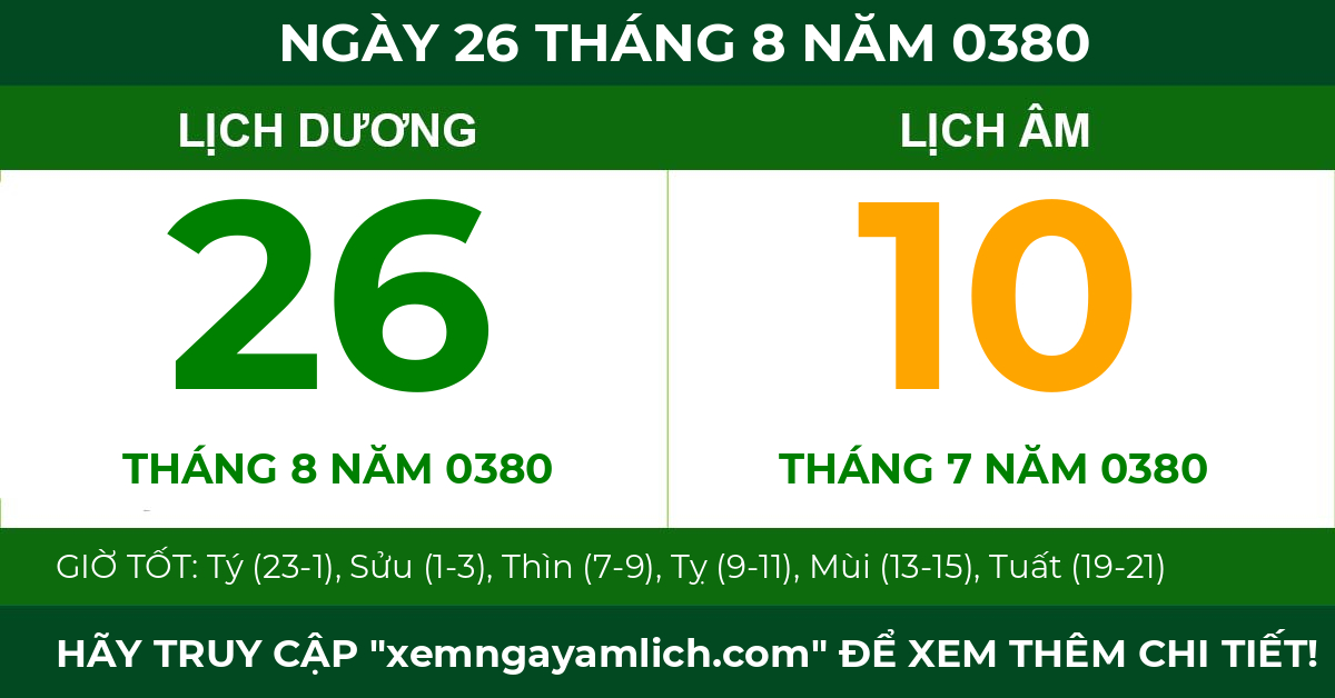 lịch âm ngày 26 tháng 8 năm 0380