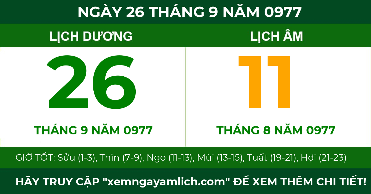 lịch âm ngày 26 tháng 9 năm 0977