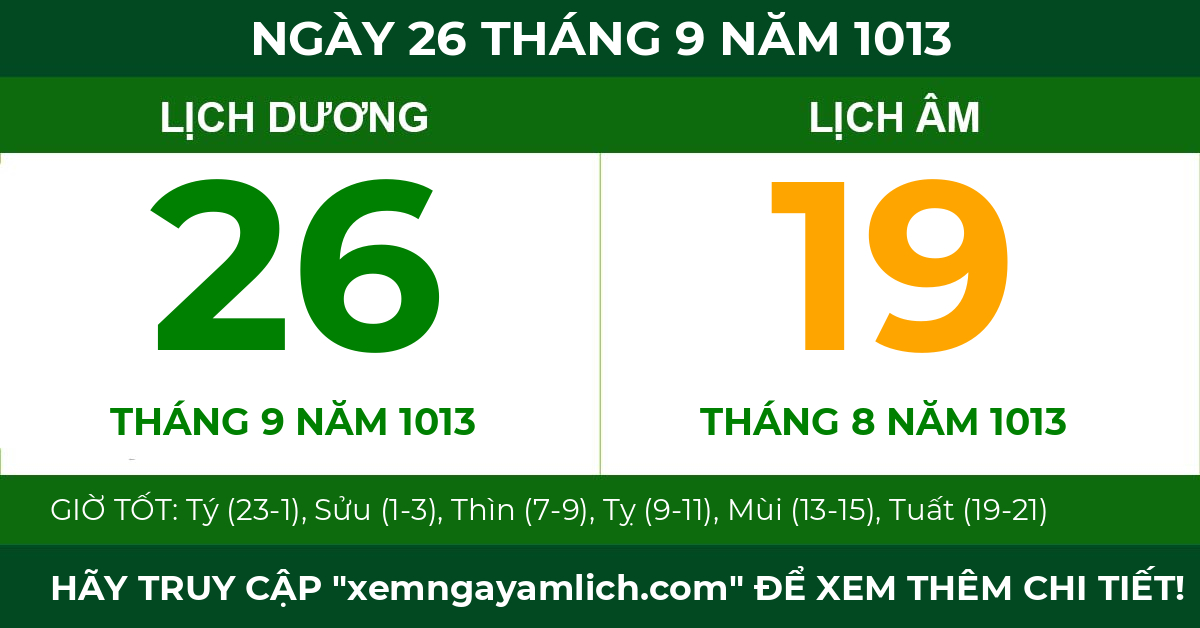 lịch âm ngày 26 tháng 9 năm 1013