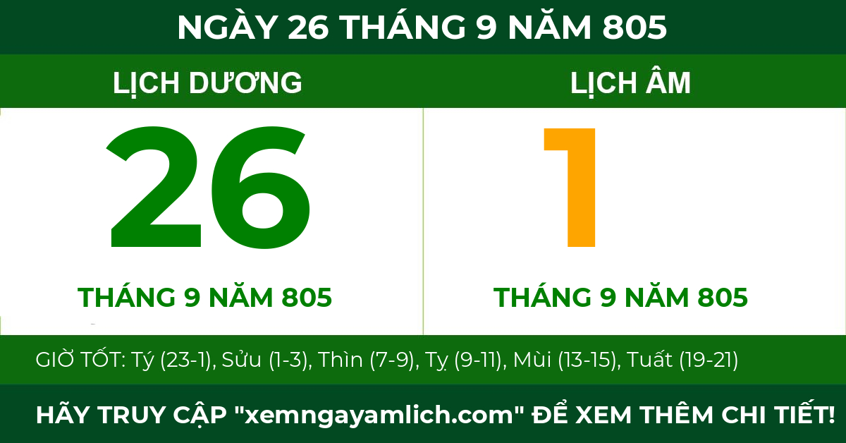 lịch âm ngày 26 tháng 9 năm 805
