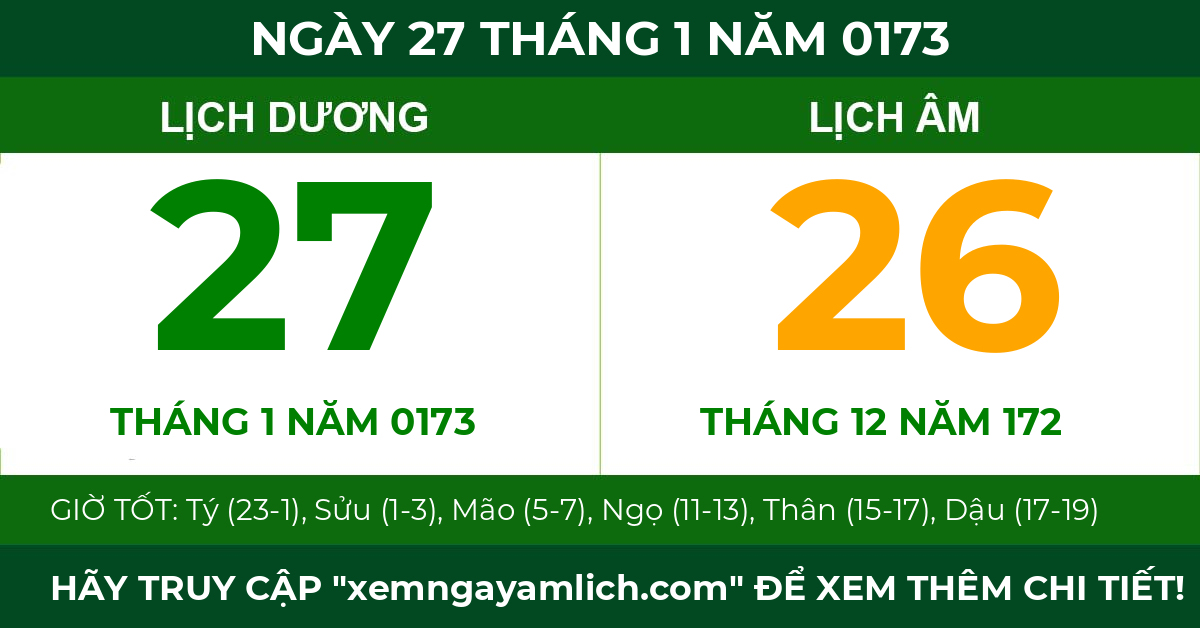 lịch âm ngày 27 tháng 1 năm 0173