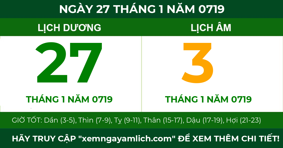 lịch âm ngày 27 tháng 1 năm 0719