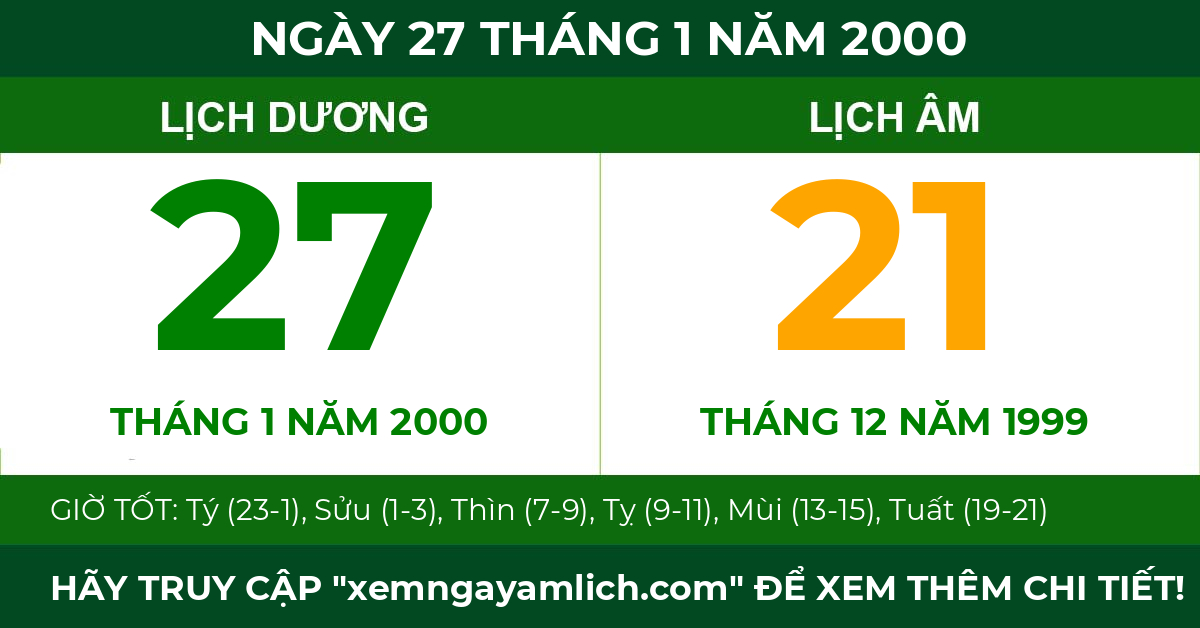 lịch âm ngày 27 tháng 1 năm 2000