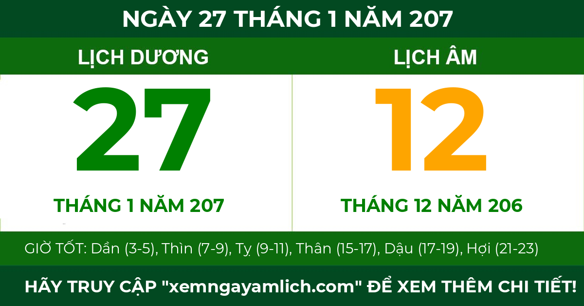 lịch âm ngày 27 tháng 1 năm 207