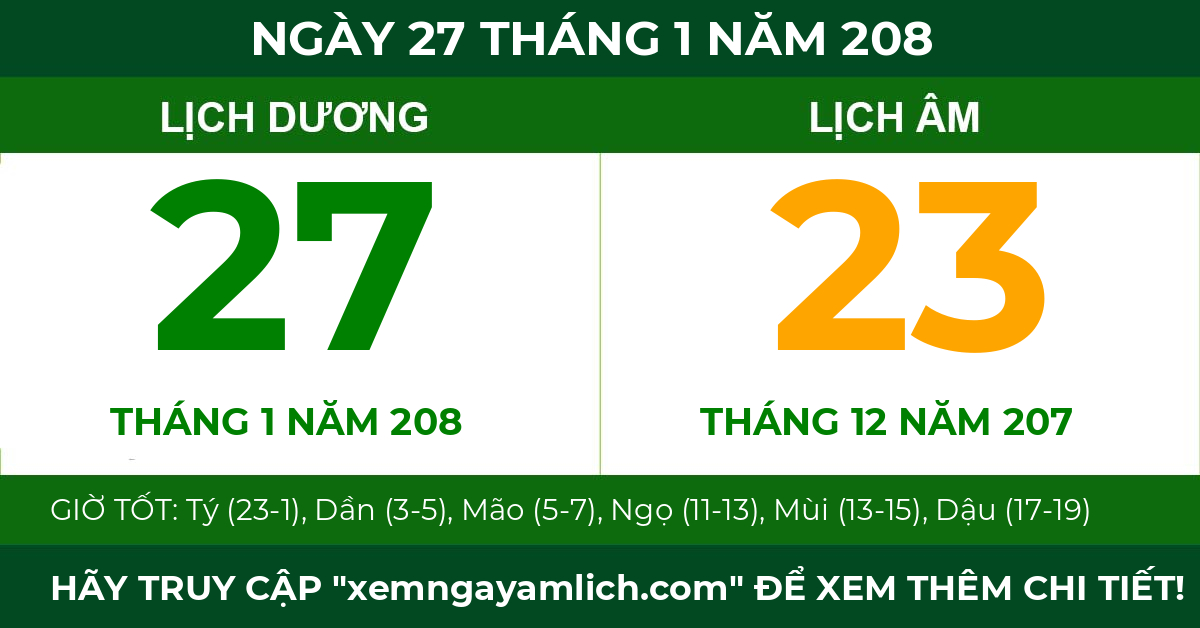 lịch âm ngày 27 tháng 1 năm 208