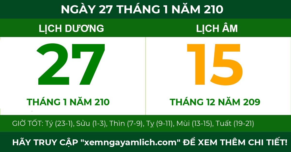 lịch âm ngày 27 tháng 1 năm 210