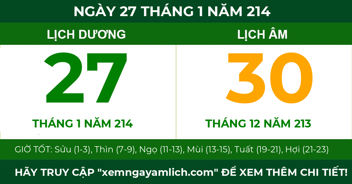 lịch âm ngày 27 tháng 1 năm 214