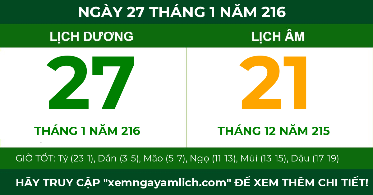 lịch âm ngày 27 tháng 1 năm 216