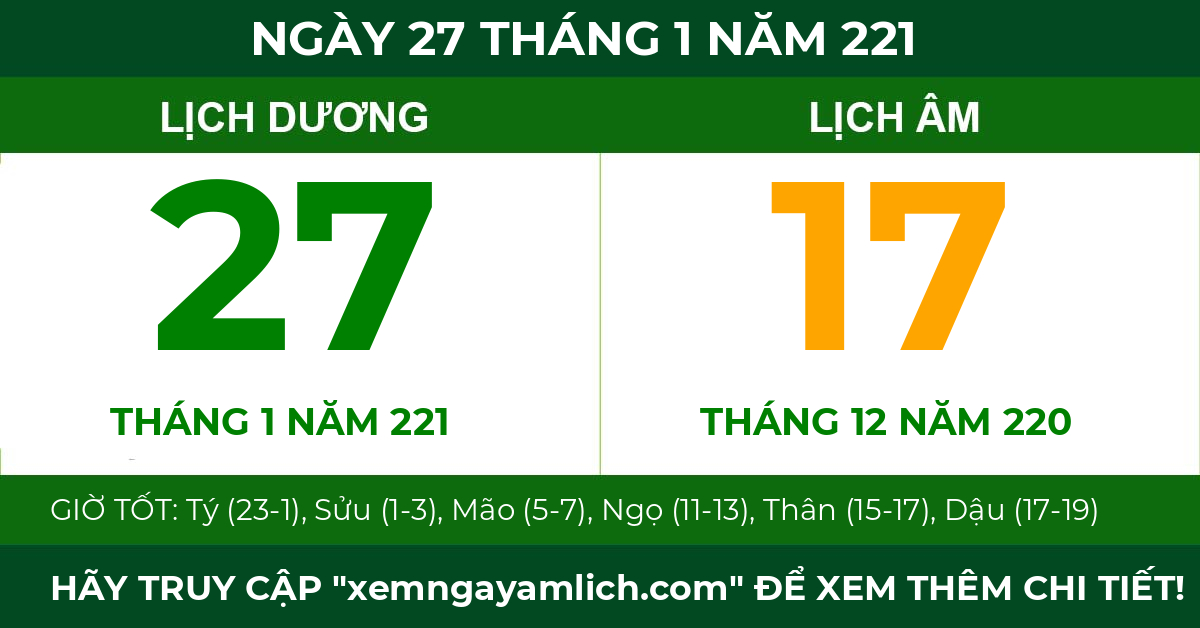 lịch âm ngày 27 tháng 1 năm 221