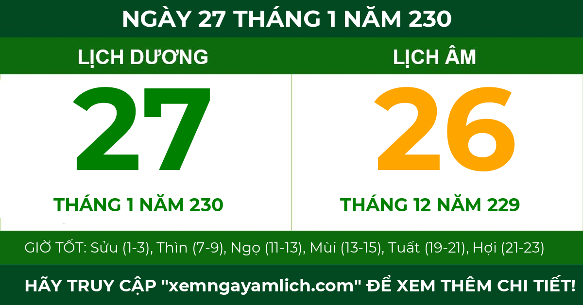 lịch âm ngày 27 tháng 1 năm 230