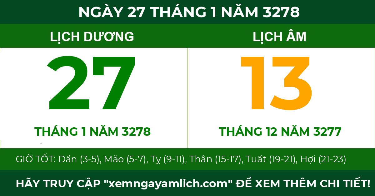lịch âm ngày 27 tháng 1 năm 3278