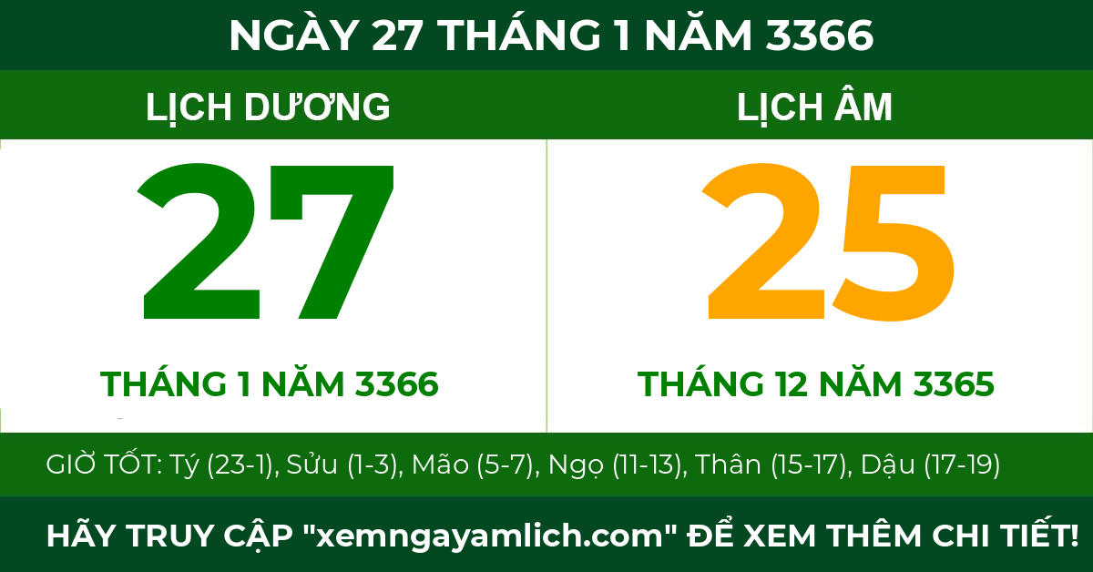 lịch âm ngày 27 tháng 1 năm 3366