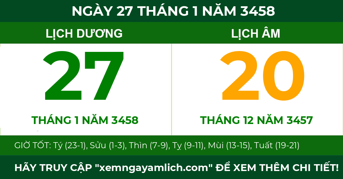 lịch âm ngày 27 tháng 1 năm 3458