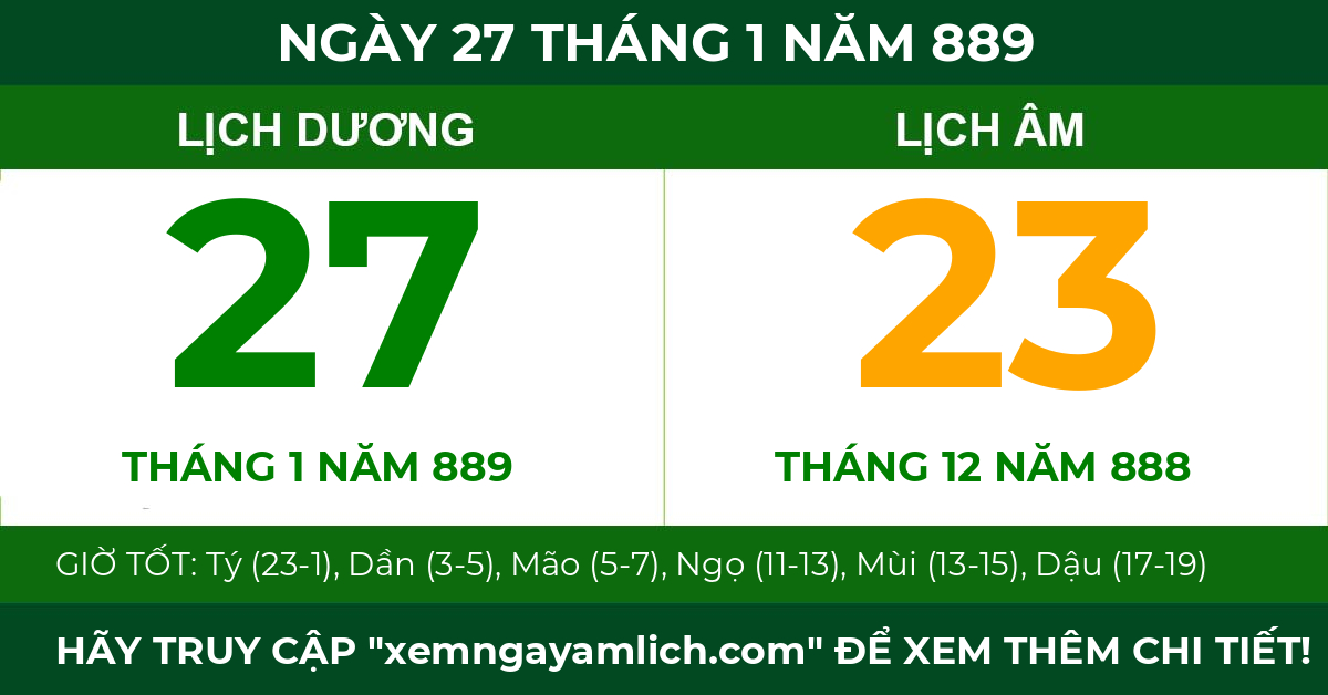 lịch âm ngày 27 tháng 1 năm 889
