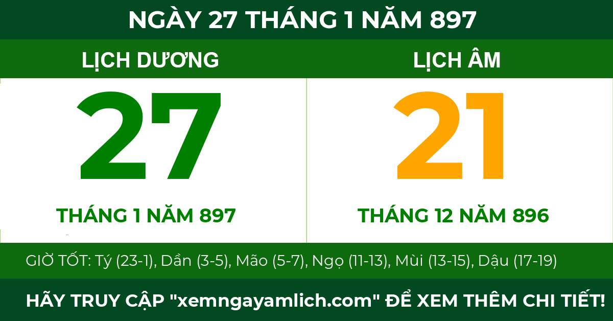 lịch âm ngày 27 tháng 1 năm 897