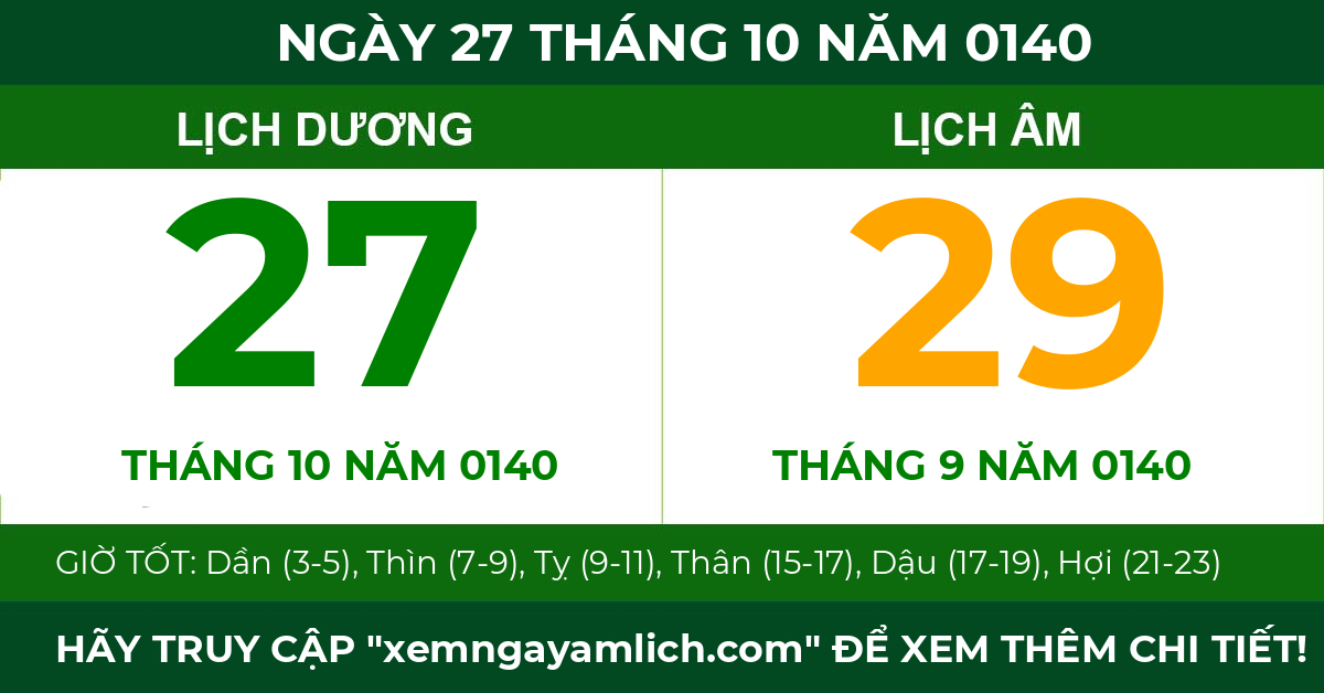 lịch âm ngày 27 tháng 10 năm 0140