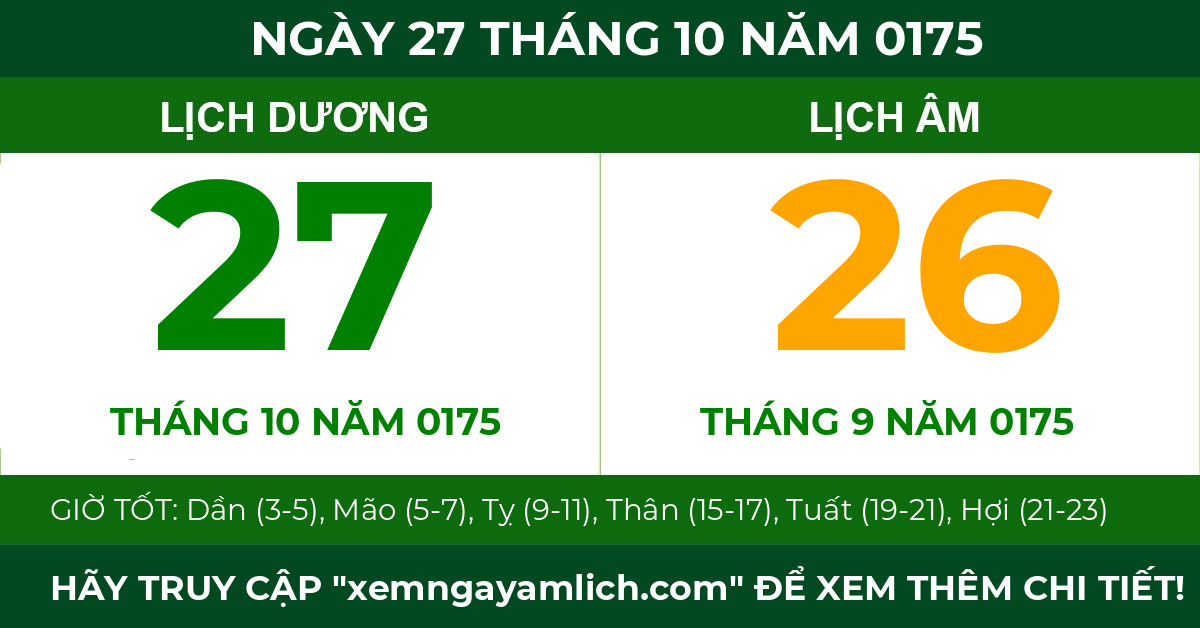 lịch âm ngày 27 tháng 10 năm 0175