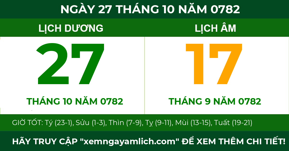 lịch âm ngày 27 tháng 10 năm 0782