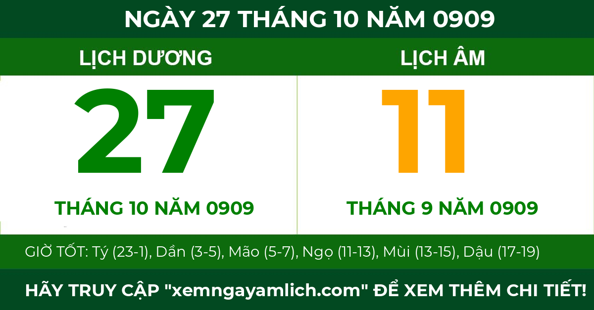 lịch âm ngày 27 tháng 10 năm 0909