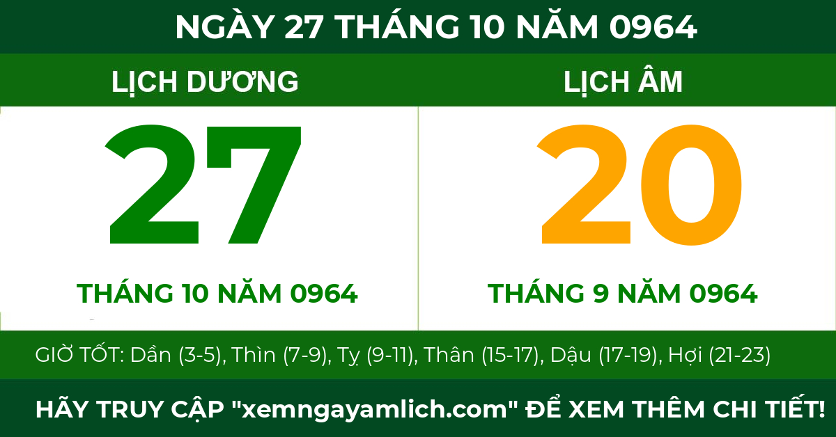 lịch âm ngày 27 tháng 10 năm 0964