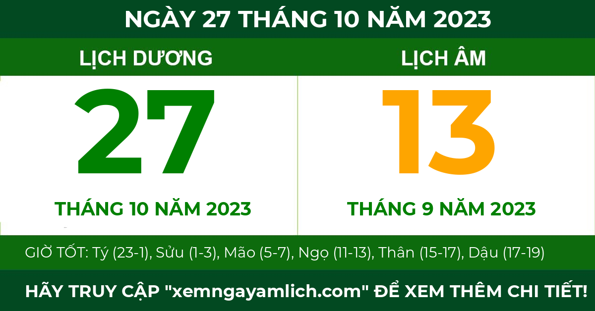 lịch âm ngày 27 tháng 10 năm 2023