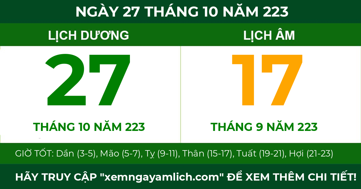 lịch âm ngày 27 tháng 10 năm 223