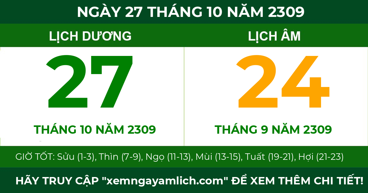 lịch âm ngày 27 tháng 10 năm 2309