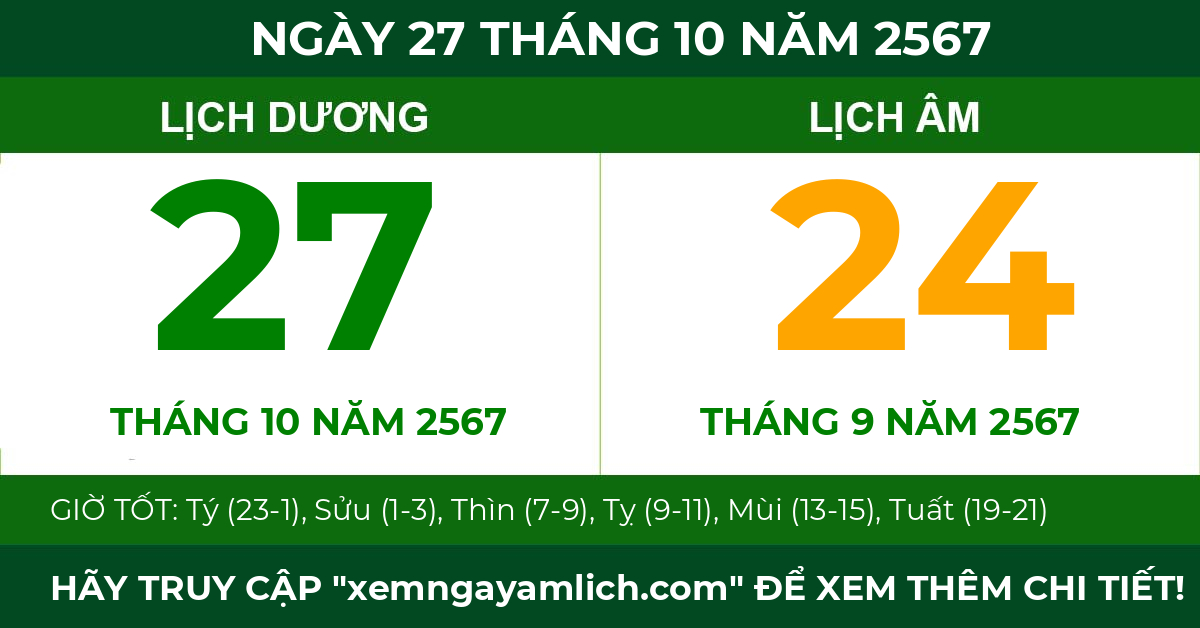 lịch âm ngày 27 tháng 10 năm 2567