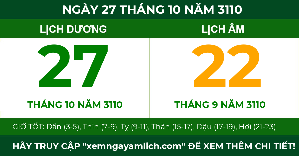 lịch âm ngày 27 tháng 10 năm 3110