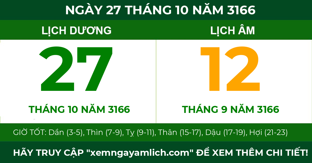lịch âm ngày 27 tháng 10 năm 3166