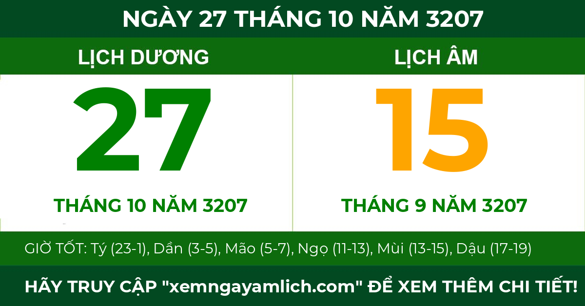 lịch âm ngày 27 tháng 10 năm 3207