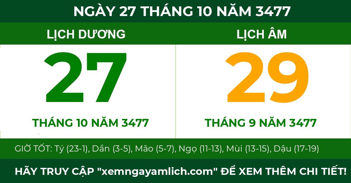 lịch âm ngày 27 tháng 10 năm 3477