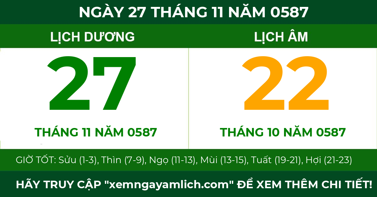 lịch âm ngày 27 tháng 11 năm 0587