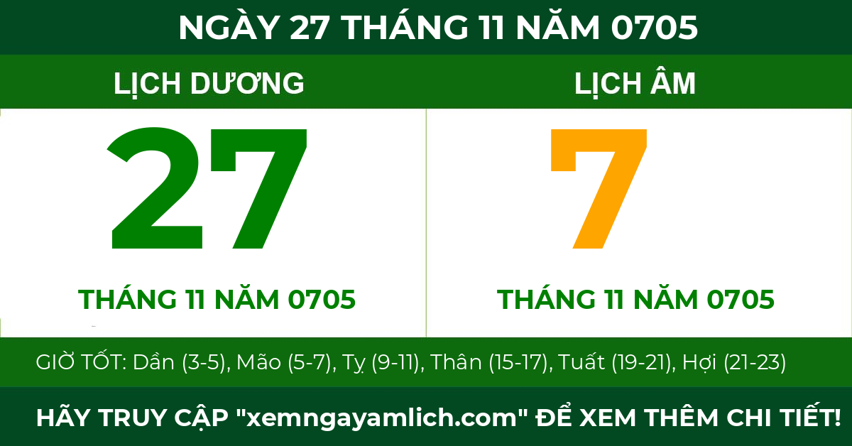 lịch âm ngày 27 tháng 11 năm 0705