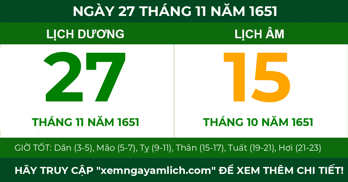 lịch âm ngày 27 tháng 11 năm 1651